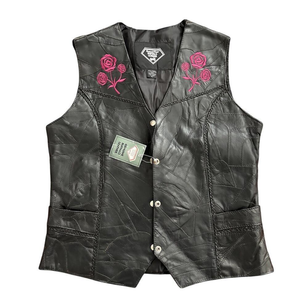 Diamond Plate Buffalo Leather Vest L/XL‎ Black with Pink Rose Embroidery